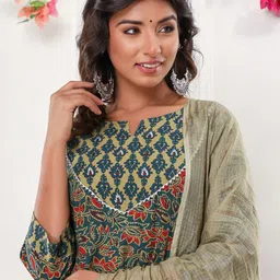 KALINI Ethnic Motifs Printed Regular Thread Work Pure Cotton Kurta with Pyjamas & Dupatta image 2