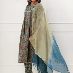KALINI Ethnic Motifs Printed Regular Thread Work Pure Cotton Kurta with Pyjamas & Dupatta image 3