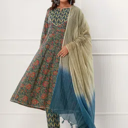 KALINI Ethnic Motifs Printed Regular Thread Work Pure Cotton Kurta with Pyjamas & Dupatta image 5