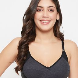 Clovia Grey & Black Full Coverage Cotton Bra With All Day Comfort image 1