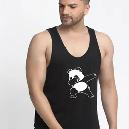 Friskers Men Black & White Panda Printed Pure Cotton Gym Vest-image-85