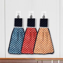 Kuber Industries Blue & Red 3 Pieces Printed Cotton 120 GSM Hanging Kitchen Hand Towels-67