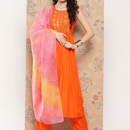 InWeave Embroidered Mirror Work Detail Panelled Anarkali Kurta with Trousers & Dupatta-picture-41