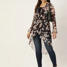 ROVING MODE Floral Printed Longline Button Shrug with Ruffles-55