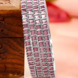 Rubans Set of 4 Rhodium-Plated Pink Cubic Zirconia Studded Handcrafted Premium Bangles-image-34