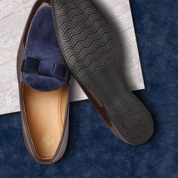 House of Pataudi Men Coffee Brown & Navy Blue Colourblocked Handcrafted Loafers-image-48