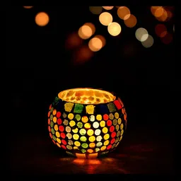 eCraftIndia Multicoloured Polka Dot Patterned Mosaic Glass Handcrafted Tea Light Holder-11