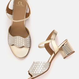 Carlton London Women Gold-Toned Basketweave Textured Block Heels with Shimmer Detail-15