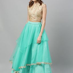 Ethnovog Beige  Turquoise Blue Embroidered Made to Measure Lehenga with Blouse-image-65
