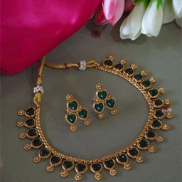 inc63-for elites Green Crystals-Studded Antique Matte Gold Heart-Shaped Necklace Set-23