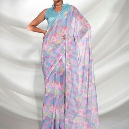Kalista Blue & Pink Abstract Printed Sequinned Pure Georgette Saree-image-94