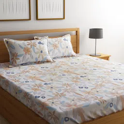 URBAN DREAM White & Blue Floral 210 TC Queen Bedsheet with 2 Pillow Covers-image-61