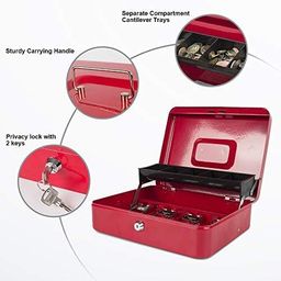 Keetoz Cash Box With Lock Key And Money Tray Large Money Box For Cash Register Metal Lock Box For Money Safe 11.8" X 9.4" X 3.54" (Red with Key Lock) image 3