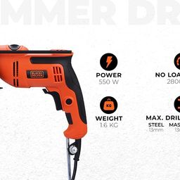 BLACK+DECKER BED550-IN 550 W, 13mm Corded Variable Speed Ergonomic Reversible Hammer Drill with Lock On Button For Home & DIY Use for Masonry, Steel & Wood, 1 Year Warranty, ORANGE & BLACK image 2