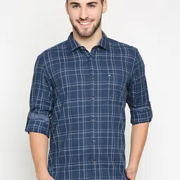Basics Men Blue & Silver Pure Cotton Slim Fit Checked Casual Shirt-image-88