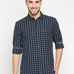Basics Men Navy Blue & White Pure Cotton Slim Fit Grid Tattersall Checked Casual Shirt-image-84
