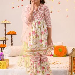 pspeaches Girls Floral Printed Angrakha Pure Cotton A-line Kurta With Sharara & Dupatta-image-35
