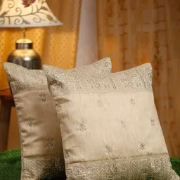 HOSTA HOMES Beige & Silver-Toned 2 Pieces Embroidered Silk Square Cushion Covers-22