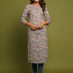 CRAFTED FOR YOU Women Grey & Red Floral Printed Pure Cotton Kurta-image-96