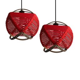 ExclusiveLane Red & Beige Set Of 2 Jute Spherical Paradise Hanging Pendant Lamp image 5