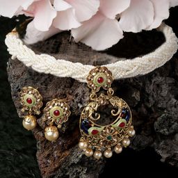 ADIVA Gold-Plated Stone-Studded & Pearl-Beaded Jewellery Set image 1