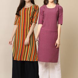 KALINI Women Pack Of 2 Purple & Orange Geometric Striped Crepe Kurta-picture-18
