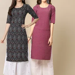 KALINI Women's Crepe Black & Maroon Color Printed Straight Handloom Kurta (PACK OF 2)-24
