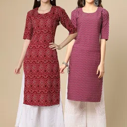 KALINI Women Pack of 2 Red & Maroon Ethnic Motifs Printed Crepe Kurta-1