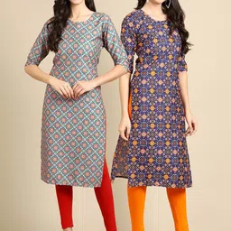 KALINI Women Pack Of 2 Blue & Green Ethnic Motifs Printed Block Print Crepe Kurta-picture-13
