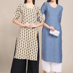 KALINI Women Pack Of 2 Beige & Blue Ethnic Motifs Printed Block Print Crepe Kurta-picture-12