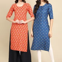 KALINI Women Pack of 2 Blue & Orange Floral Printed Crepe Kurta-picture-12