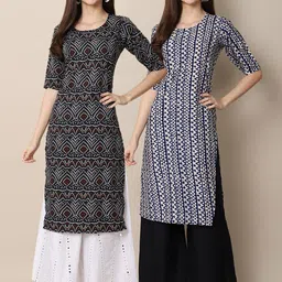 KALINI Women Pack of 2  Black & Blue Ethnic Motifs Printed Handloom Crepe Kurta-picture-14