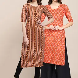 KALINI Women Pack Of 2 Orange & Brown Ethnic Motifs Printed Block Print Crepe Kurta-image-67