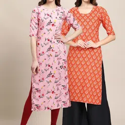 KALINI Women Pink & Orange Pack Of 2 Geometric Printed Crepe Kurta-picture-7