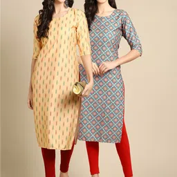 KALINI Women Pack of 2 Yellow & Blue Digital Printed Crepe Straight Kurtas-picture-53