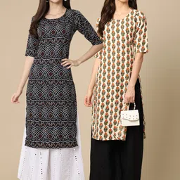 KALINI Women Pack of 2 Black & Cream-Coloured Ethnic Motifs Printed Handloom Crepe Kurta-5