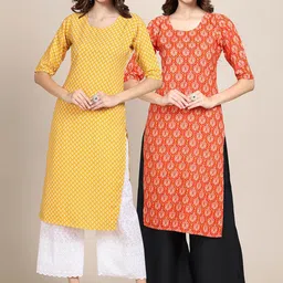 KALINI Women Pack of 2 Yellow & Orange Ethnic Motifs Printed Handloom Crepe Kurta-picture-15
