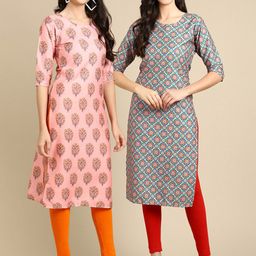 KALINI Women Pack of 2 Pink & Blue Floral Printed Crepe Kurta-image-51