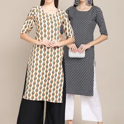 KALINI Women Pack Of 2 Cream-Coloured & Black Printed Block Print Crepe Kurtas-31