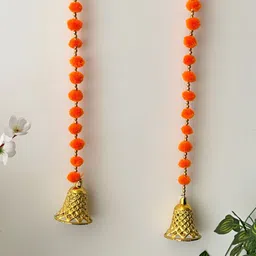 PLAYFUL STITCHES Orange Colored & Gold Toned 2 Pieces Pom Pom with Bell Door Hanging-13