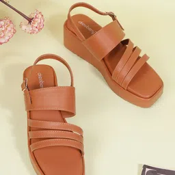 DressBerry Women Tan Brown Solid Platform Heels-image-1