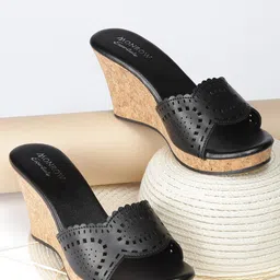 Monrow Black Embellished PU Wedge Sandals-13