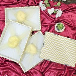 SATYAM KRAFT 3 Pcs Multipurpose Decorative Folding Gift Box | Folding Paper Hamper Boxes for Wedding, Birthday, Return Gifts, Sweets, DIY Craft | Rectangular Cardboard Tray with Net (Golden) image 4