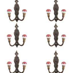 IndianShelf Red & Brown 6 Pieces Ceramic Floral Cloth Hanger for Wall Key Holder-1