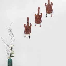 Golden Peacock Set Of 3 Brown Guitar Design Wooden Wall Hanging Key Holder-14