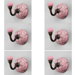 IndianShelf Pink & Bronze-Toned 6 Pieces Floral Textured Ceramic Wall Hooks-11