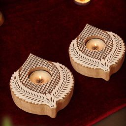 TIED RIBBONS Brown & White Wooden T-Light Candle Holders-image-69