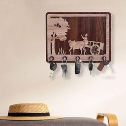 Kuber Industries Dark & Light Brown Bullock Cart MDF 5-Hooks Key Stand For Wall image 5