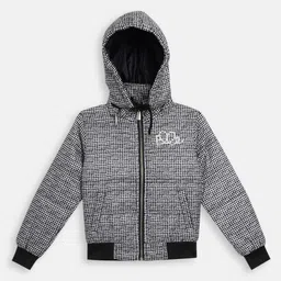 ELLE Girls Grey Melange Checked Padded Jacket with Detachable Hood-image-87