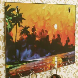 eCraftIndia Yellow & Black Nature View Wooden Key Holder with 6 Hooks-82